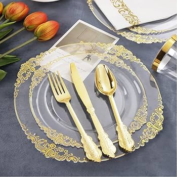 Amazon.co.jp: 175個の使い捨て食器セット、7.5「10.25 」金の縁が付い