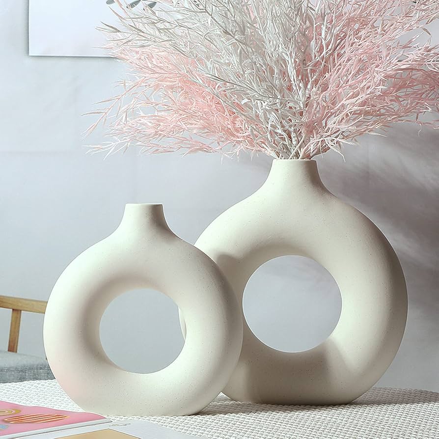 Amazon.co.jp: SANFERGE ドーナツ花瓶 2個セット マットベージュ 黒い