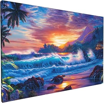 Amazon｜ZOJuX ラッセン カラフル 海景 輝く 島 波 夕日 熱帯植物 芸術