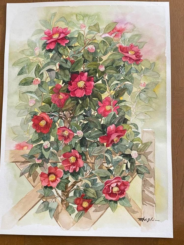 Amazon.co.jp: 水彩画 椿 つばき 絵画 冬の絵 ホワイトワトソン紙