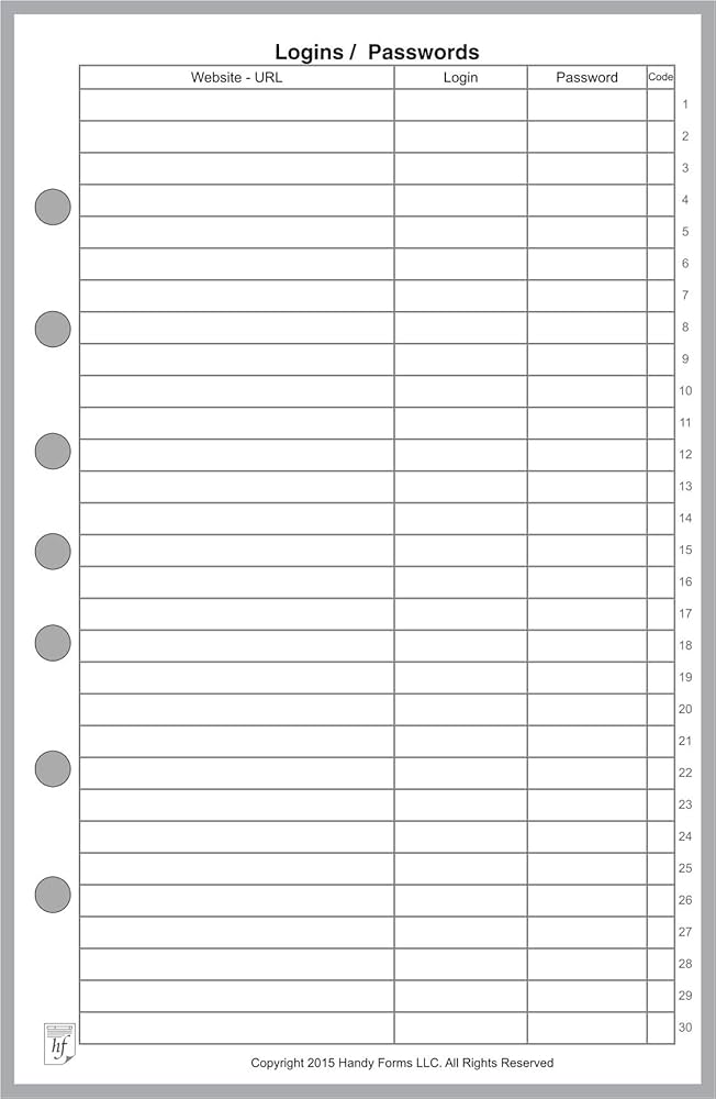 Classic Size Login Password List, Sized and Punched with 7 Holes