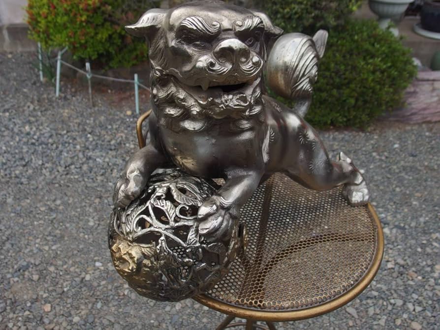 Amazon.co.jp: 【1Ma11O】玉獅子唐獅子置物像狛犬古玩古鉄｜鉄製｜銀色