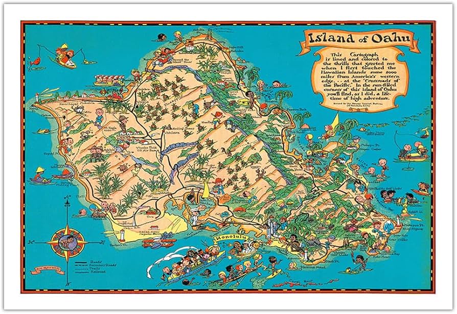 Amazon.co.jp: ハワイ - オアフ島地図 - ビンテージなハワイアンカラー