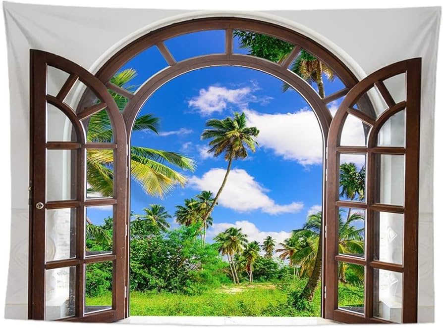 Amazon.co.jp: SGNYXH タペストリー 窓外風景 仮窓 ビーチ 島風景 海