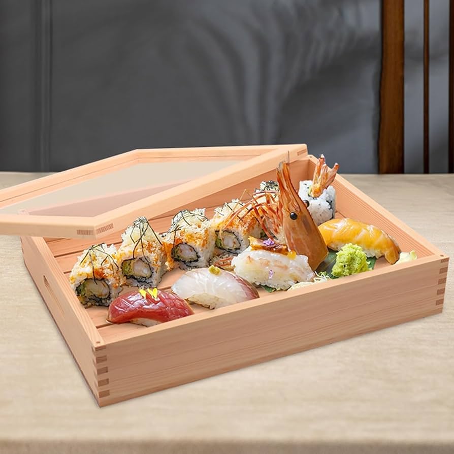 Amazon.co.jp: MDDKOP 木製寿司箱 ネタ箱 目皿 アクリル製 刺身箱 フタ