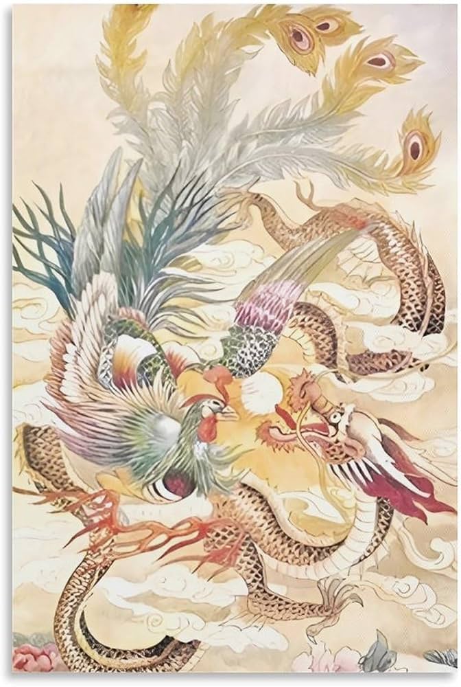 Amazon.co.jp: 龍と鳳凰 ピンクの牡丹 中国の伝統的なレトロ アート