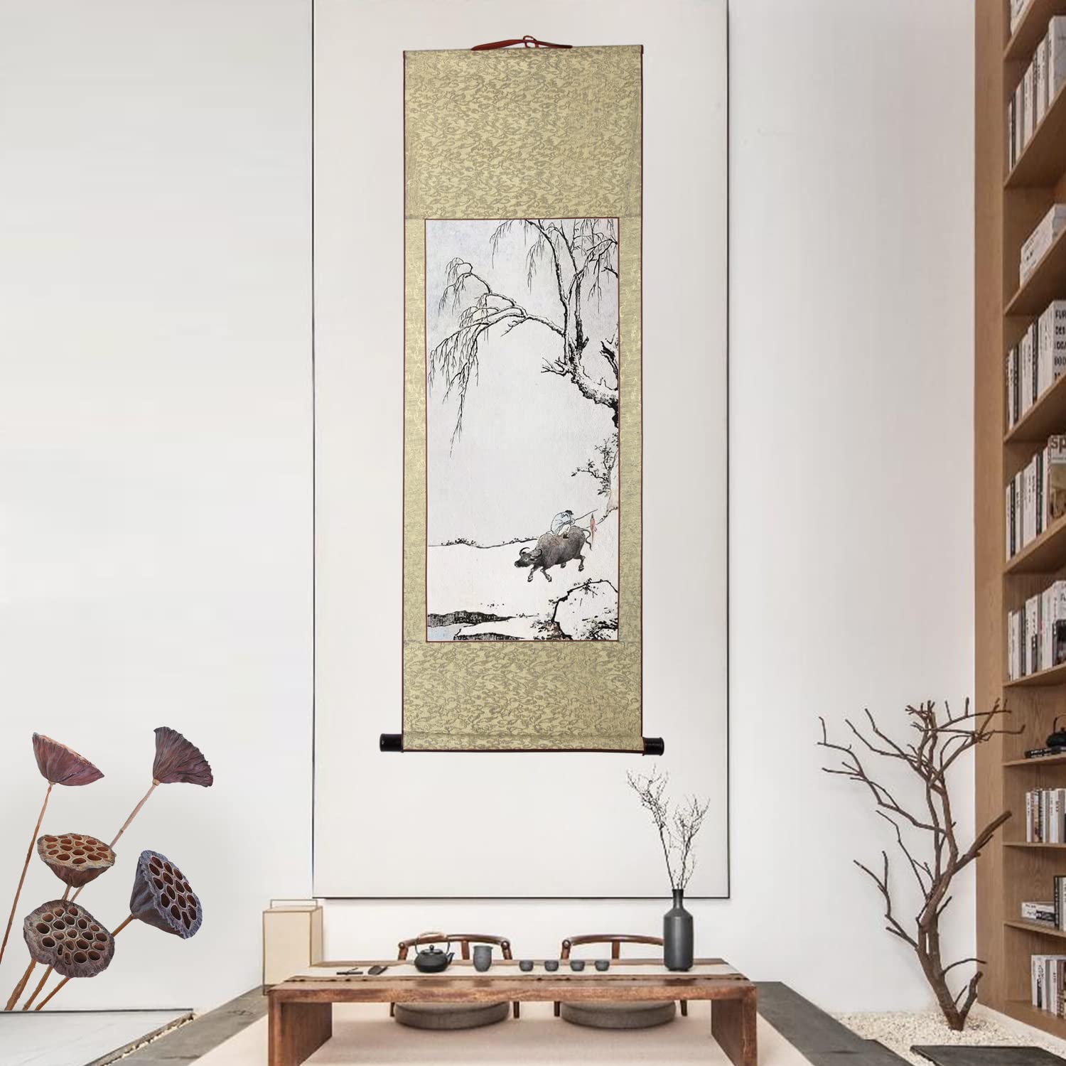 Amazon.co.jp: 肉筆 手描き 水墨画 掛け軸/牧童/山水画 掛軸 四尺四