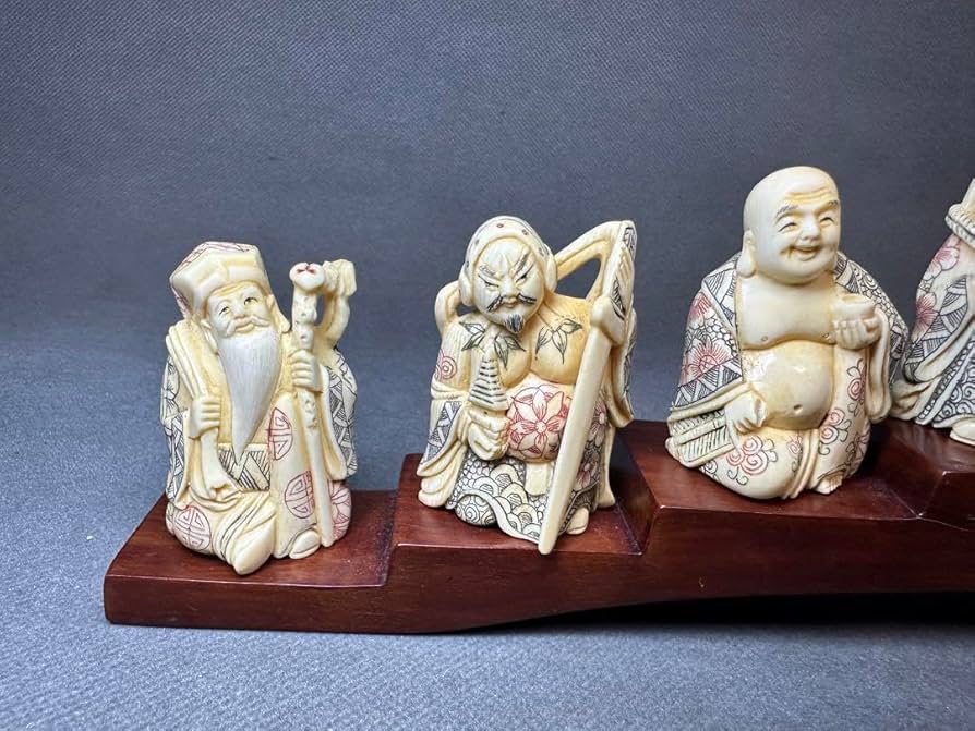 置根付 Netsuke☆ 七福神三福神 極細工 精密彫刻 雅俊作 美品‼️乳白色