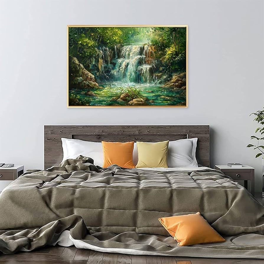 Amazon.co.jp: 絵画 深い山と古い森の滝インテリア 絵画 油絵イラスト