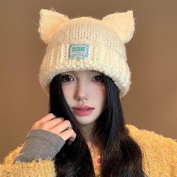 Amazon | [RAQUVV] 猫 動物 耳 ニット帽 猫の耳 かぎ針編み 帽子 女性