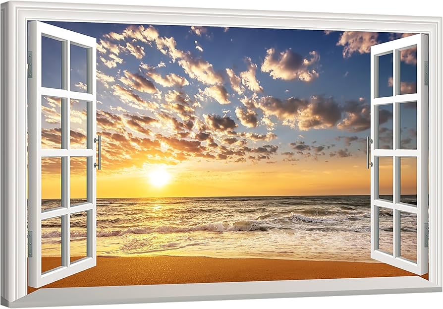 Amazon.co.jp: 窓枠風アートパネル 海装飾画 モダン夕日光壁画 海の