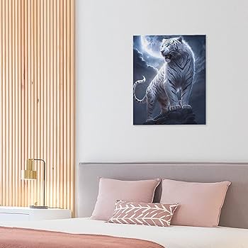 Amazon.co.jp: 絵画 岩の上に立つホワイトタイガーインテリア 絵画