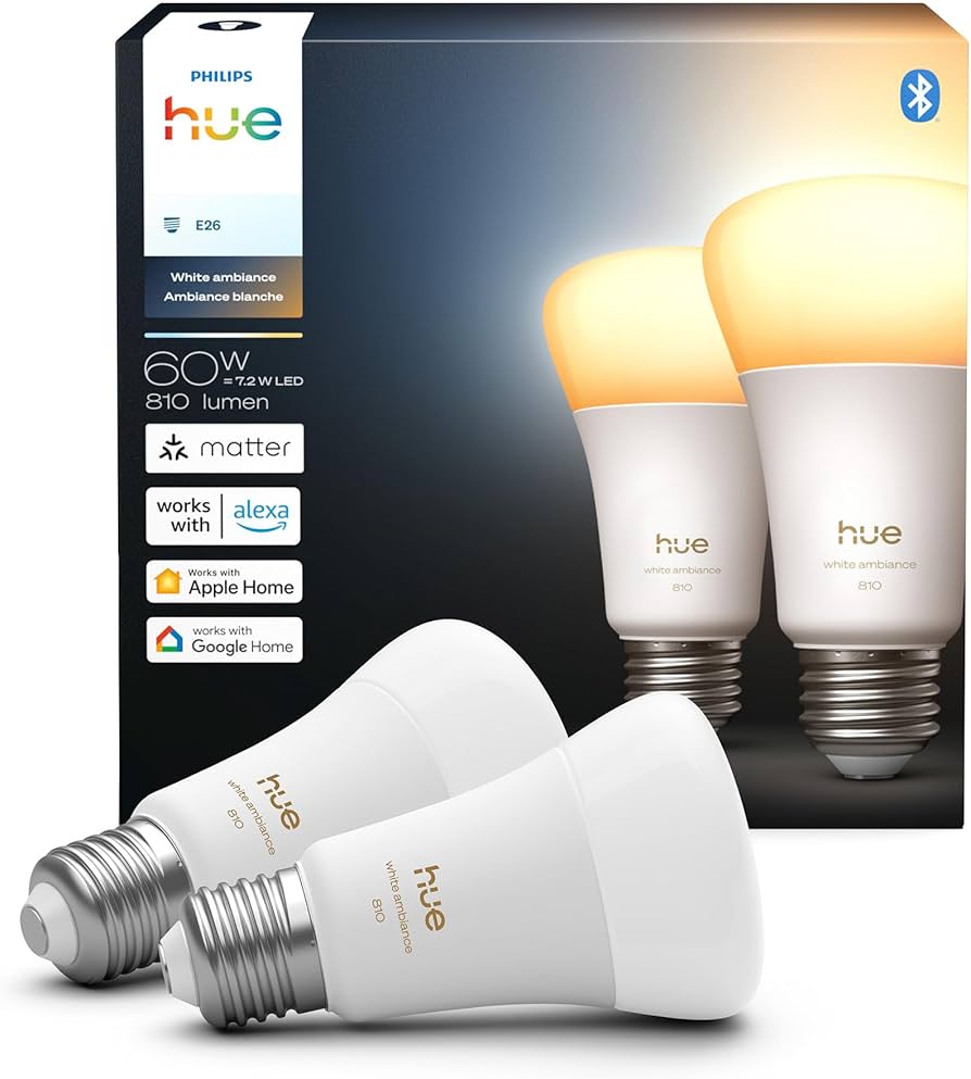 Philips Hue Smart LED A19 Bulb, White Ambiance, E26 Base, 7.2W