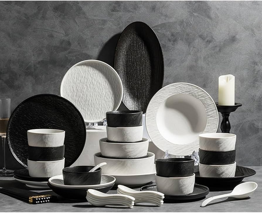 Amazon.co.jp: 食器セット 白黒 北欧風 エンボス加工 碗皿セット