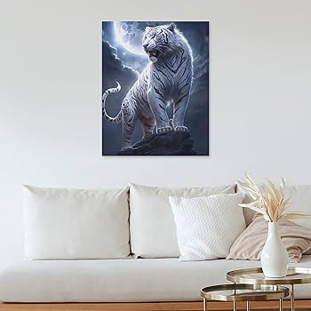 Amazon.co.jp: 絵画 岩の上に立つホワイトタイガーインテリア 絵画