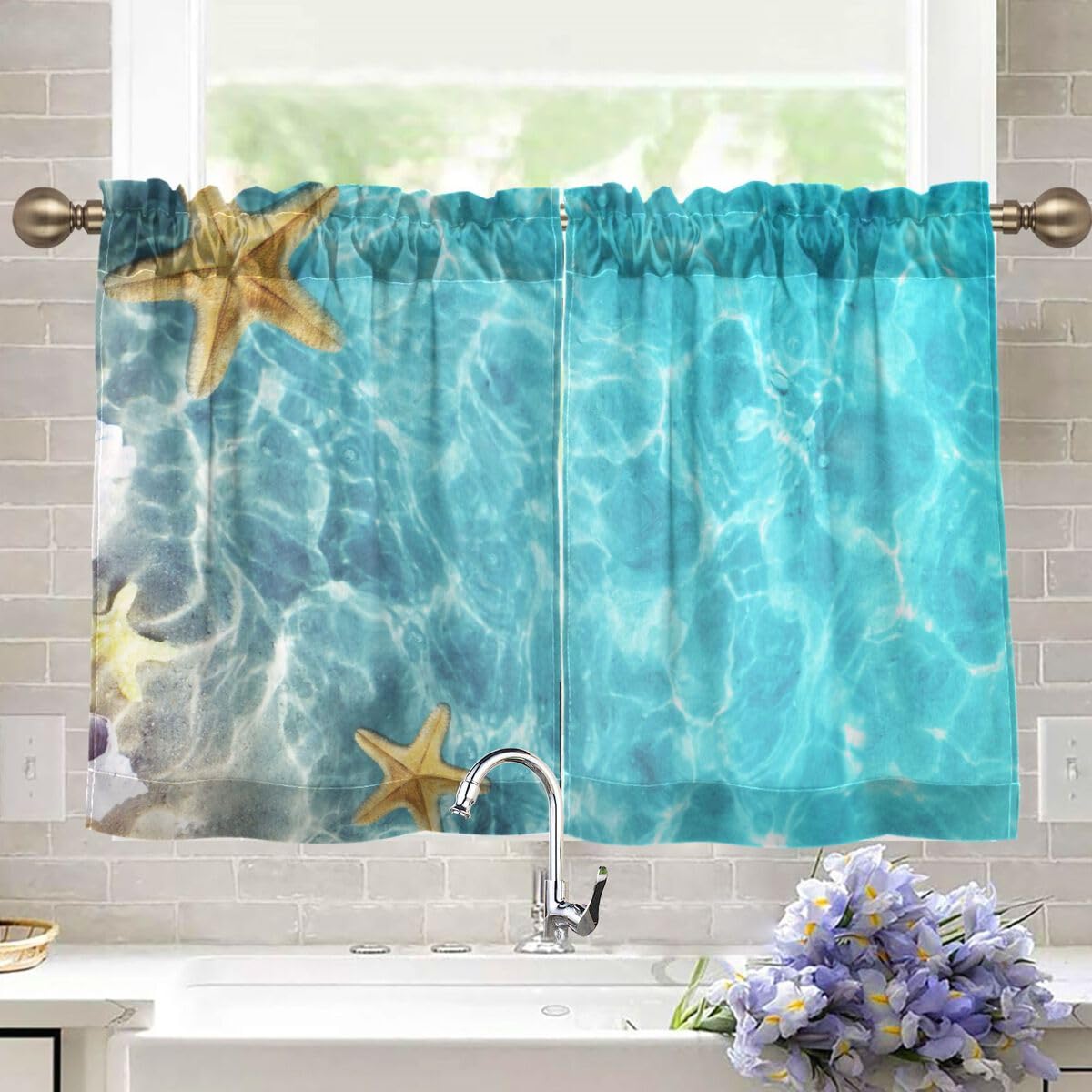 Amazon｜MiaoLD カフェカーテン 小窓用 UVカット 遮光 断熱 海星 海