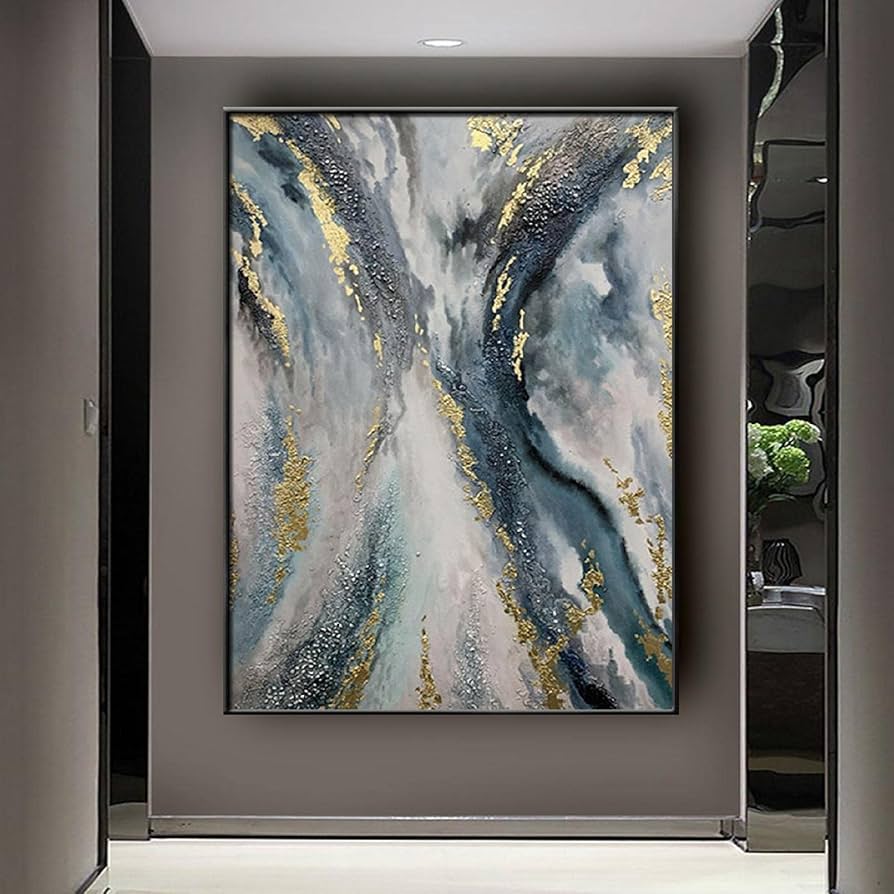 Amazon.co.jp: 抽象油絵現代特大アート絵画大青シルバーグレー縦壁画