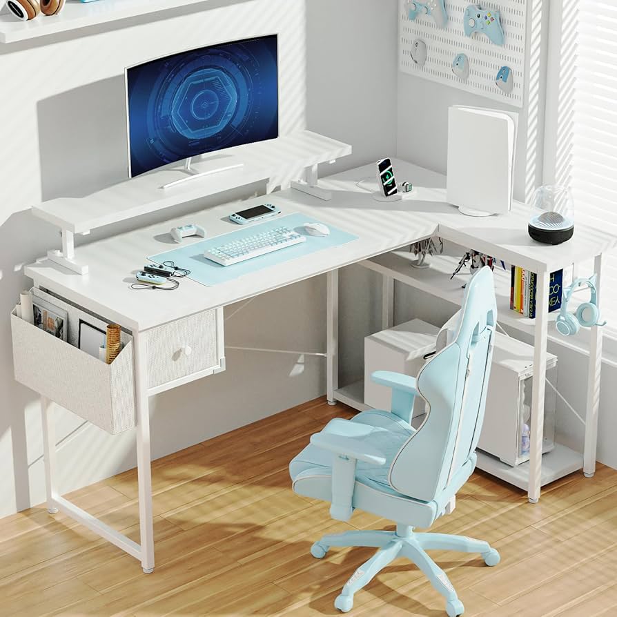 Amazon | DOMICON パソコンデスク l字 ゲーミングデスク 白 幅119cm 4