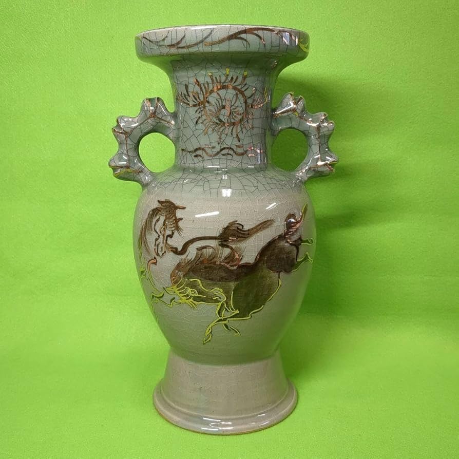 Amazon.co.jp: 大堀相馬焼 明月窯 双耳 青ひび 金駒絵 花瓶 壺1個 高