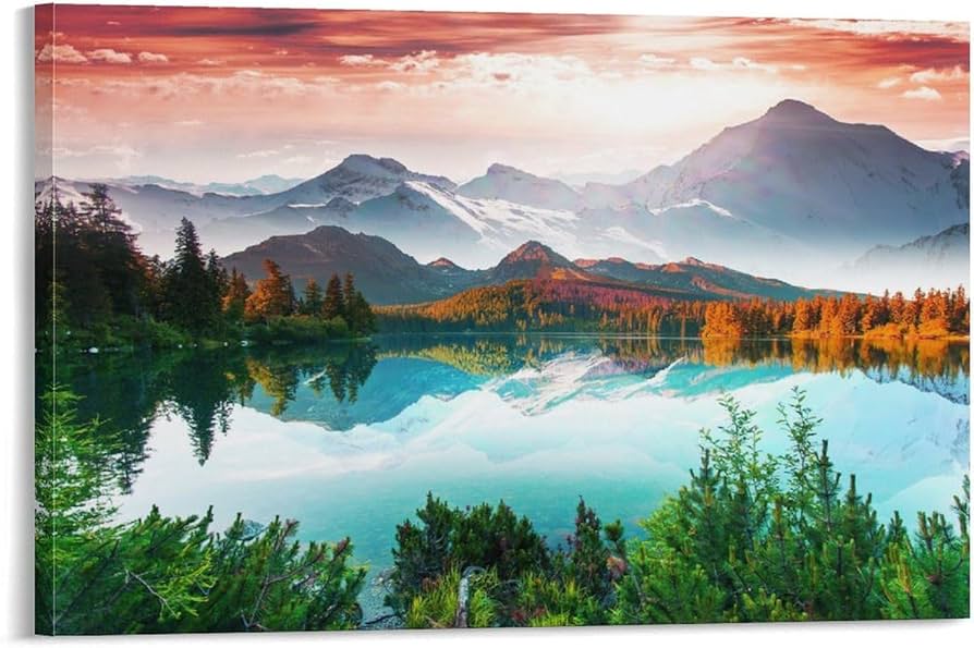 Amazon.co.jp: 雪山 森 湖 ポスター 絵画 自然風景 印刷絵画 写真 風景