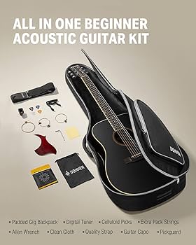 Donner Black Acoustic Guitar for Beginner Adults, 41'' 4/4 Steel
