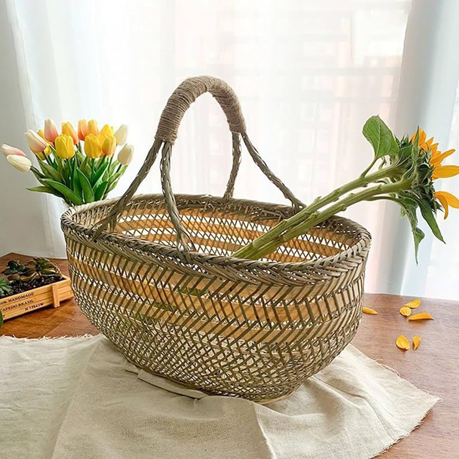 Amazon｜藤編みかご 持ち手付き 丸 手編み 竹製 カゴ収納 藤かご
