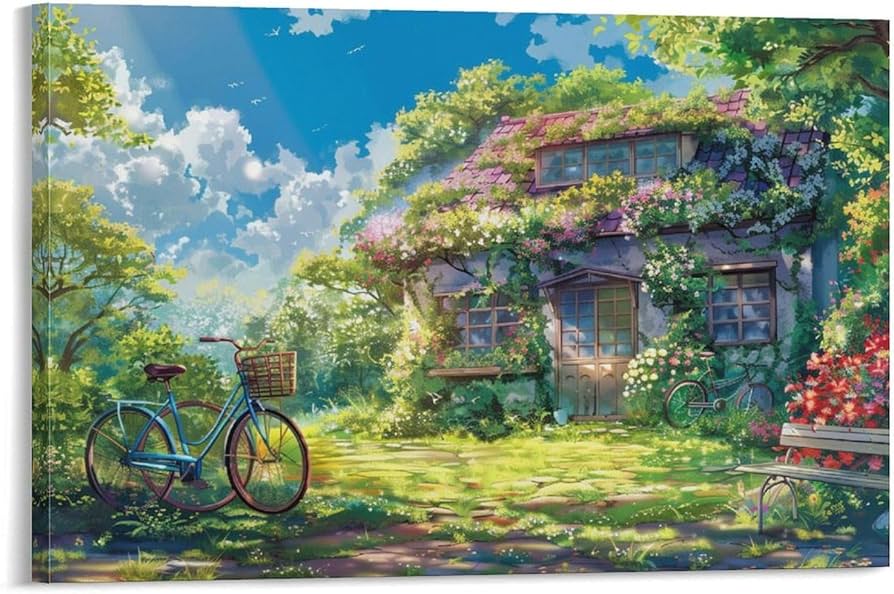 Amazon.co.jp: 絵画 花と緑の芝生に囲まれた家インテリア 絵画 のどか