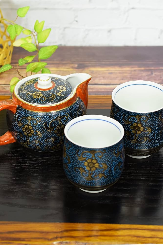 Amazon | 和座の蔵 おしゃれ ペア 湯呑み 急須 セット 九谷焼 青粒鉄仙