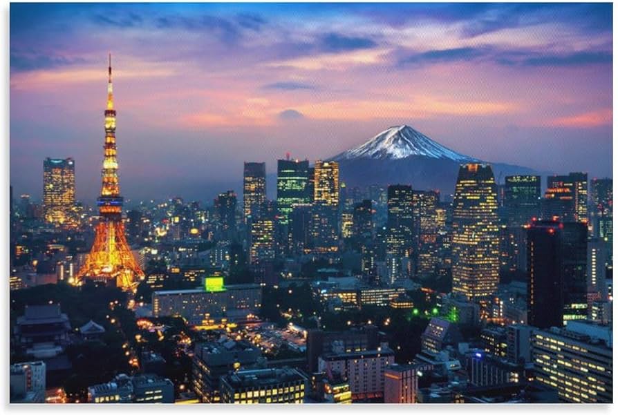 Amazon.co.jp: 絵画 東京の街並みと富士山の空撮インテリア 絵画 光る