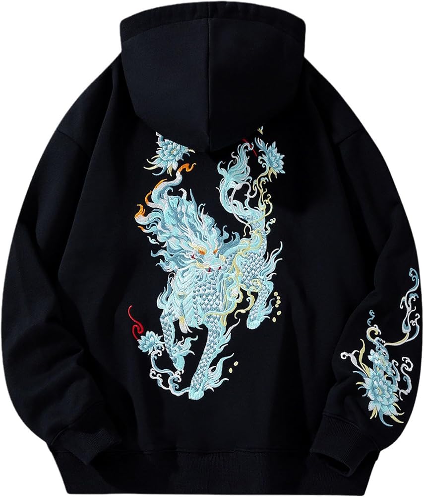 HaiZi XiHuan Men'S Black And White Hoodie Kirin Embroidered Hoodie
