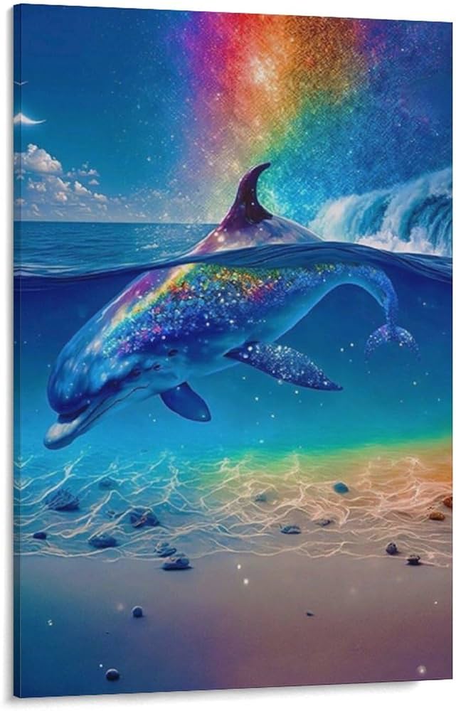 Amazon.co.jp: 絵画 海とイルカと虹インテリア 絵画 動物の描写現実と
