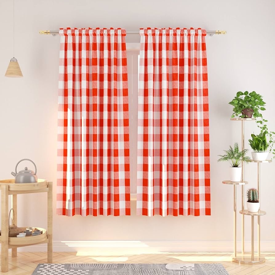 Amazon｜バッファローチェックカーテン 長さ72インチ コットン地下室赤