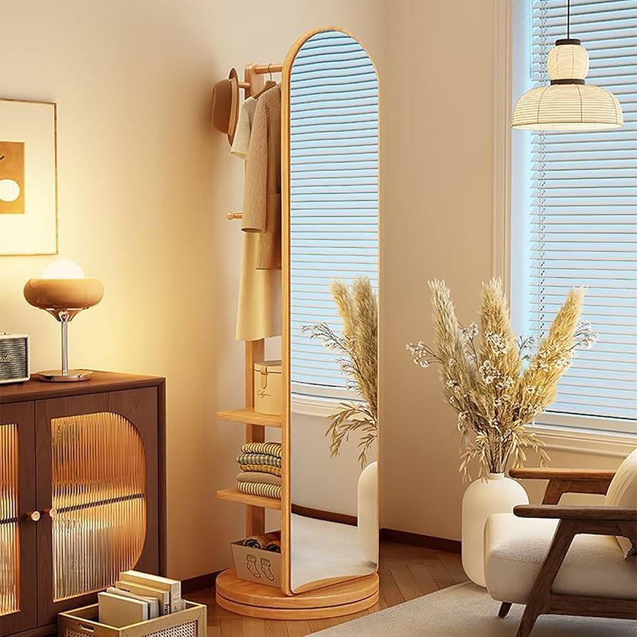 Amazon.co.jp: 回転式全身鏡 姿見鏡 木製 多機能 360度回転 スタンド