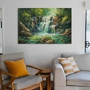 Amazon.co.jp: 絵画 深い山と古い森の滝インテリア 絵画 油絵イラスト