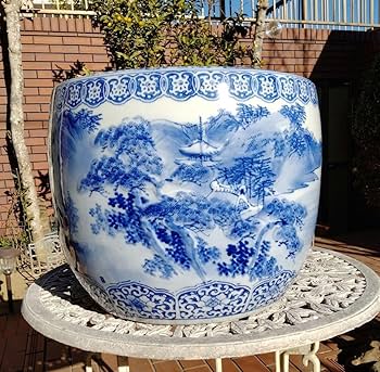 Amazon | 中国骨董 旧家蔵陶磁器 青花染付手絵山水紋大鉢 火鉢、金魚鉢