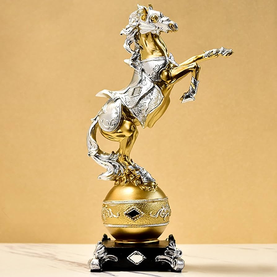 Amazon.co.jp: 戦争馬の彫刻 ゴールド 軍馬像 戦士の置物 樹脂製