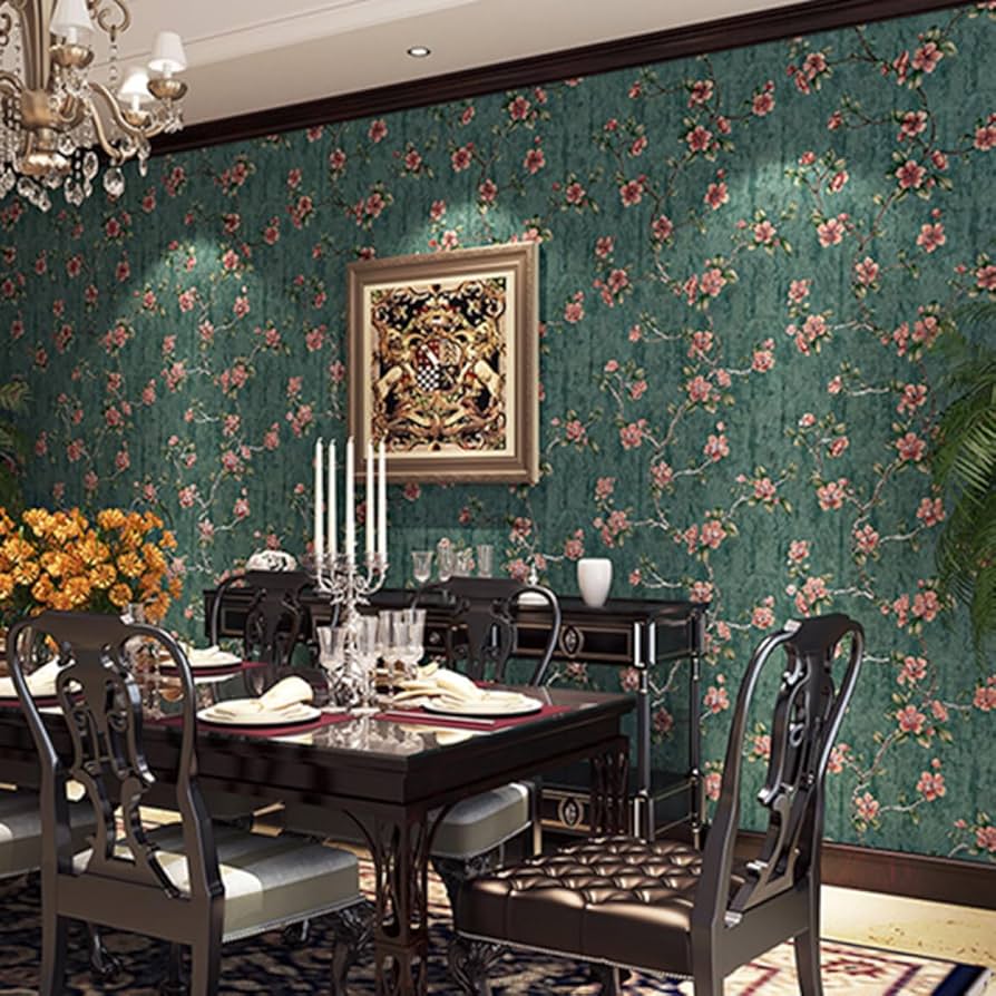 Amazon | PIRNSDG 壁紙 ダマスク柄 グリーン 緑 花柄 53cm×300cm