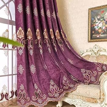 Amazon｜エレガント ヨーロッパの遮光カーテン刺繍 花柄 パープル