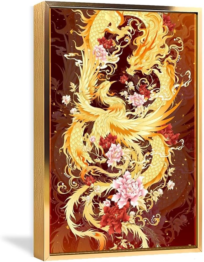 Amazon.co.jp: 絵画 龍と鳳凰が吉兆を演出インテリア 絵画 黄金の龍と