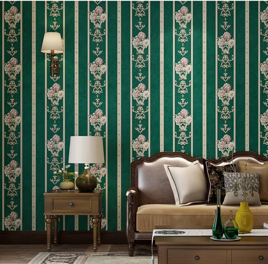 Amazon.co.jp: PIRNSDG 壁紙 ダマスク柄 グリーン 緑 花柄 53cm×300cm