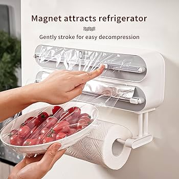 House of Quirk Magnetic Plastic Wrap Dispenser with Cutter, 3 in 1