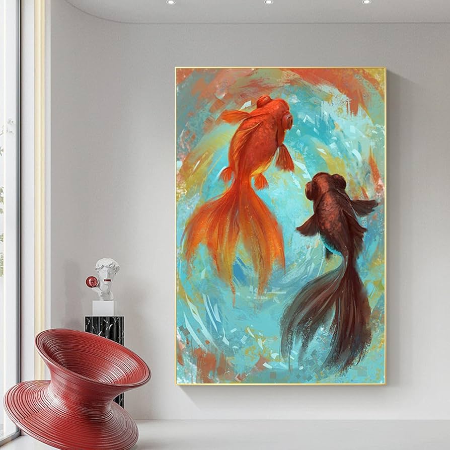 Amazon.co.jp: キャンバスに印刷中国風クラシック抽象金魚絵画