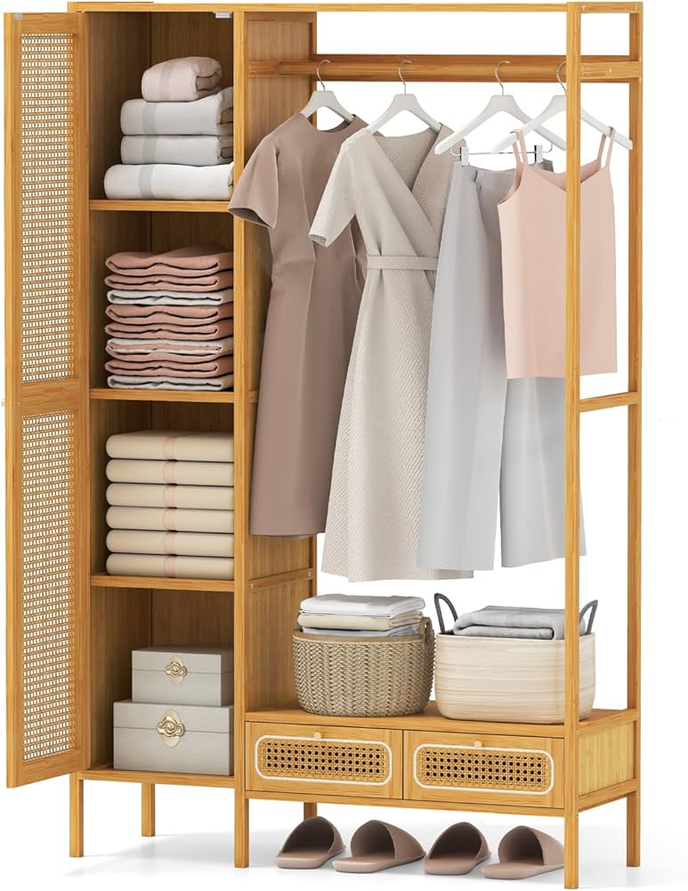 Amazon｜COSTWAY クローゼット 竹製 幅90cm ワードローブ 収納 扉付き