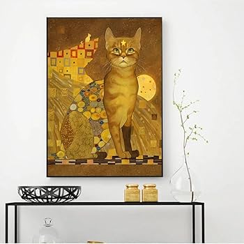 Amazon｜グスタフクリムト猫キャンバス絵画黄色のレトロな動物の