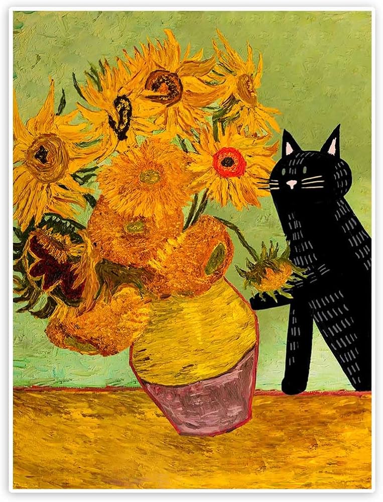 Amazon.co.jp: ヴィンテージ ゴッホ ひまわり 猫 プリント キャンバス