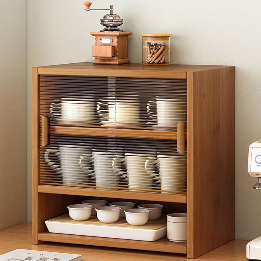 Amazon｜MJKQ9 ミニ食器棚 卓上食器棚 大容量 北欧風 茶色 調味料棚