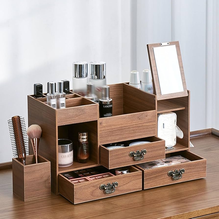 Amazon.co.jp: メイクボックス ミラー 木製 引き出し付き 収納ボックス