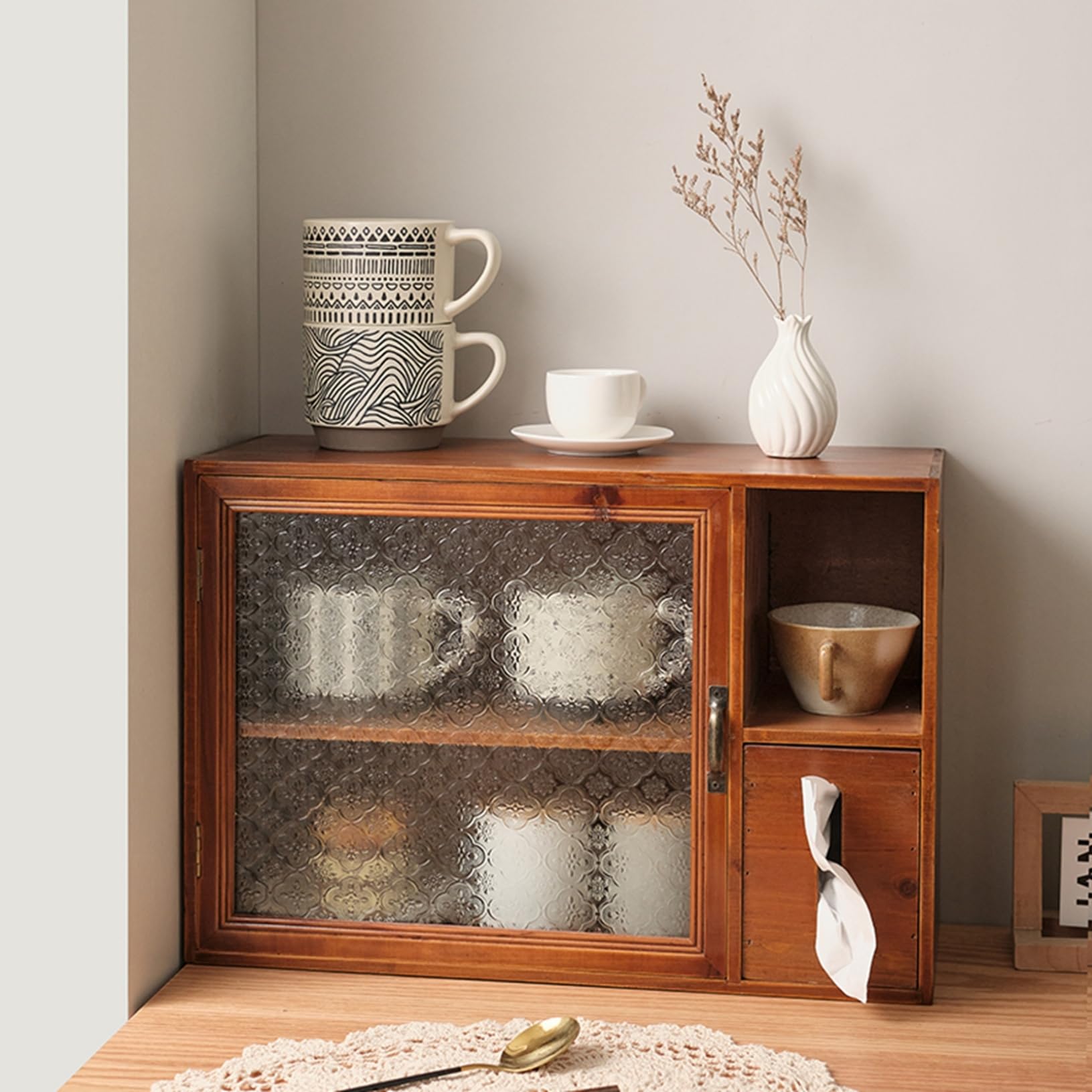 Amazon｜卓上収納ボックス 木製 2段式 ガラスドア チェスト ティッシュ