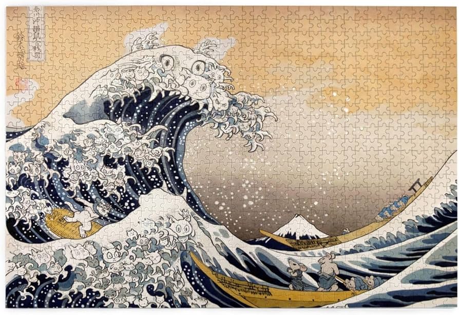 Amazon.co.jp: ジグソーパズル 1000ピース 神奈川沖浪裏 葛飾北斎 ネコ