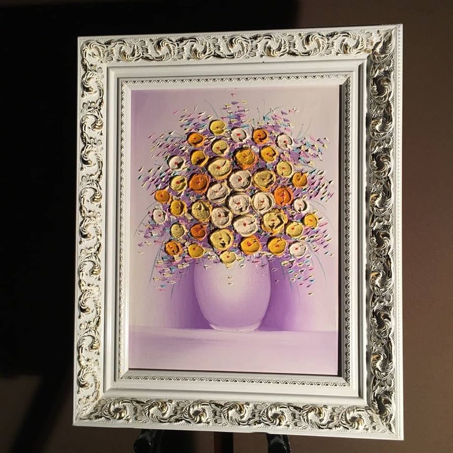 Amazon.co.jp: 秀作 手書き油絵 立体花瓶の花 額付 絵画 インテリア